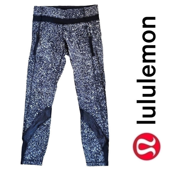 lululemon athletica Pants - Lululemon Pace Rival Crop Cropped Leggings Paint Splatter White Black Mesh Sz 4